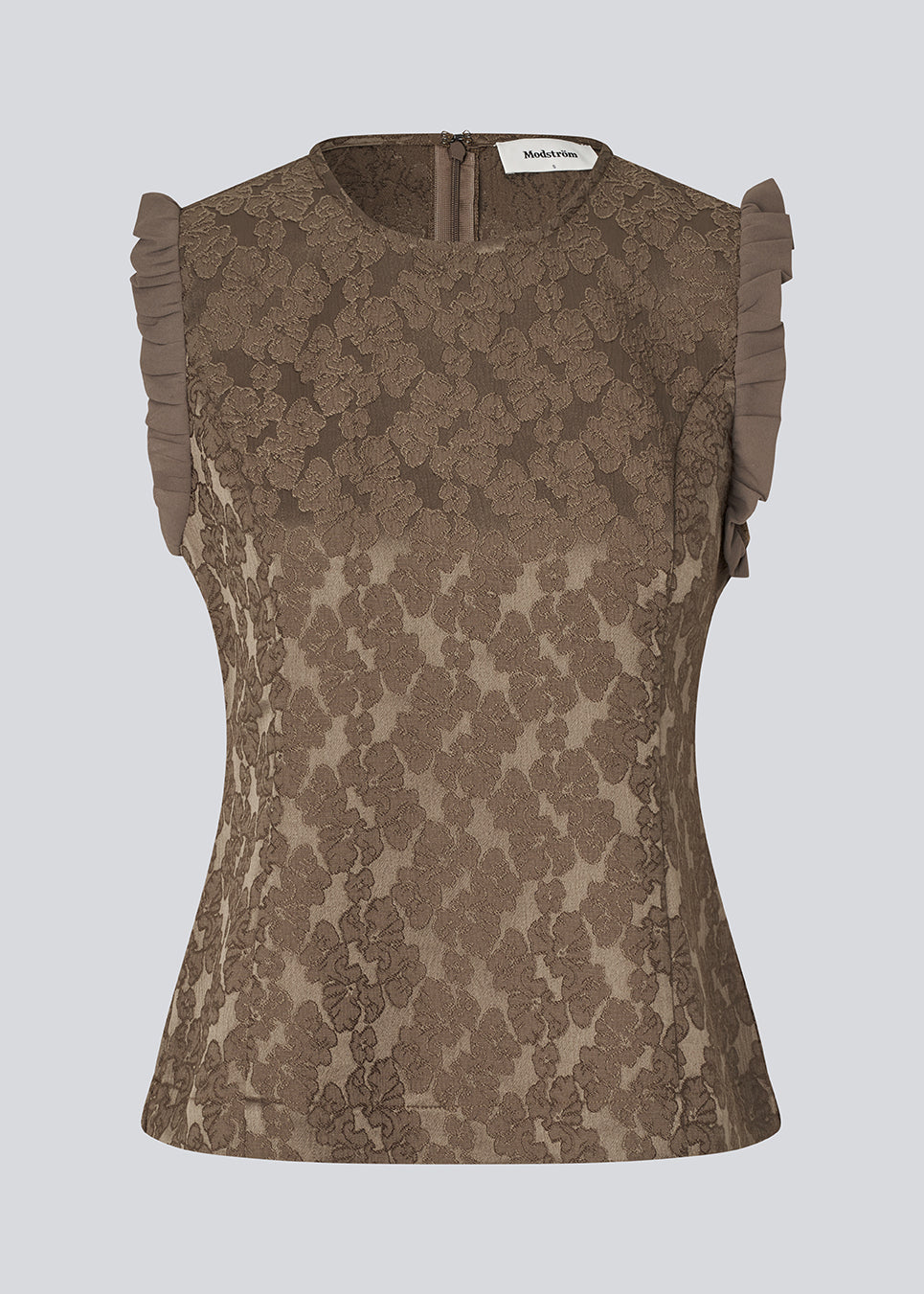 Elegant top in textured, patterned fabric. The Briannamd Top features feminine details such as a tailored fit, is sleeveless with ruffle trim, and designed with a round neckline and a back zip closure. Made from 100% recycled polyester.