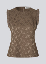 Elegant top in textured, patterned fabric. The Briannamd Top features feminine details such as a tailored fit, is sleeveless with ruffle trim, and designed with a round neckline and a back zip closure. Made from 100% recycled polyester.
