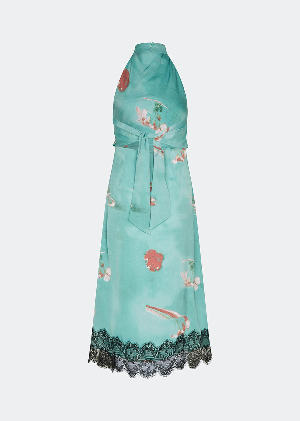 Elegant maxi dress featuring an artistic print and feminine details. Carinamd print dress is crafted from a lightweight, smooth fabric with a high halterneck neckline that fastens at the back of the neck and a self-tie belt at the waist to define the silhouette. The long, flowing fit is finished with a contrasting lace trim at the hem, adding a refined and romantic touch. A standout dress, perfect for summer parties, weddings, and other special occasions.