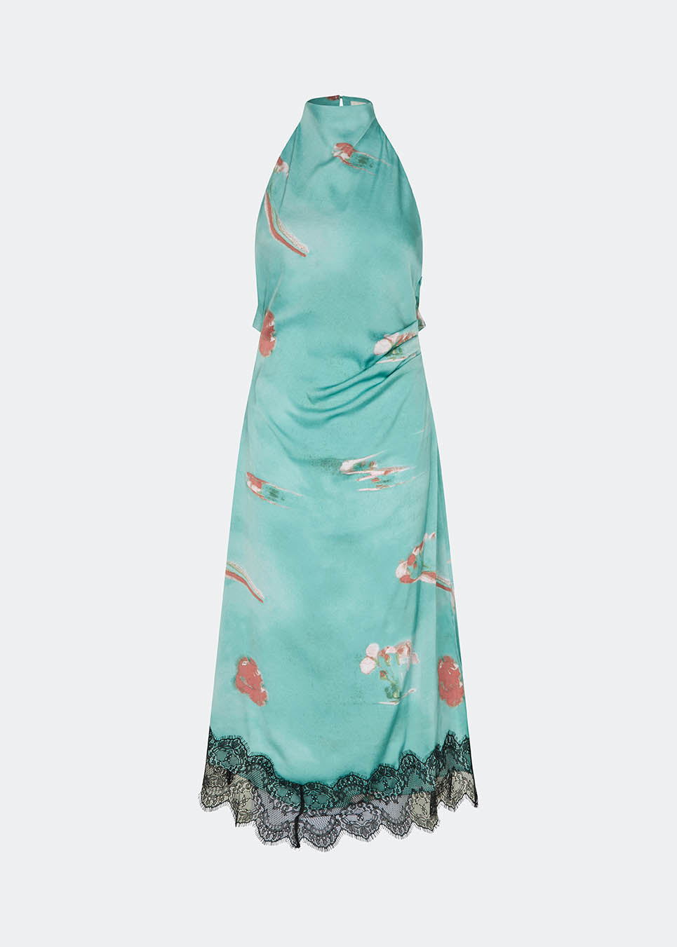 Elegant maxi dress featuring an artistic print and feminine details. Carinamd print dress is crafted from a lightweight, smooth fabric with a high halterneck neckline that fastens at the back of the neck and a self-tie belt at the waist to define the silhouette. The long, flowing fit is finished with a contrasting lace trim at the hem, adding a refined and romantic touch. A standout dress, perfect for summer parties, weddings, and other special occasions.