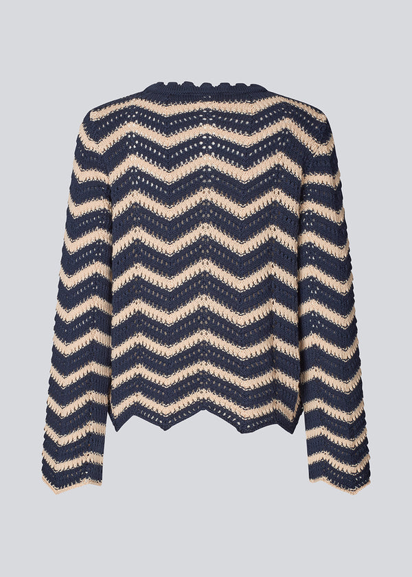 Knit in a crocheted style from soft organic cotton, in beige and navy sky. CaryMD o-neck has a relaxed fit, a round neck with a wavy hem, long wide sleeves, and detailed finishes.&nbsp;