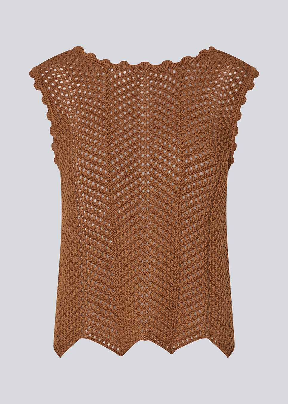 Crochet top without sleeves in a multicolored organic cotton. CaryMD top has detailed trimmings and a deep v-neckline in the back. 