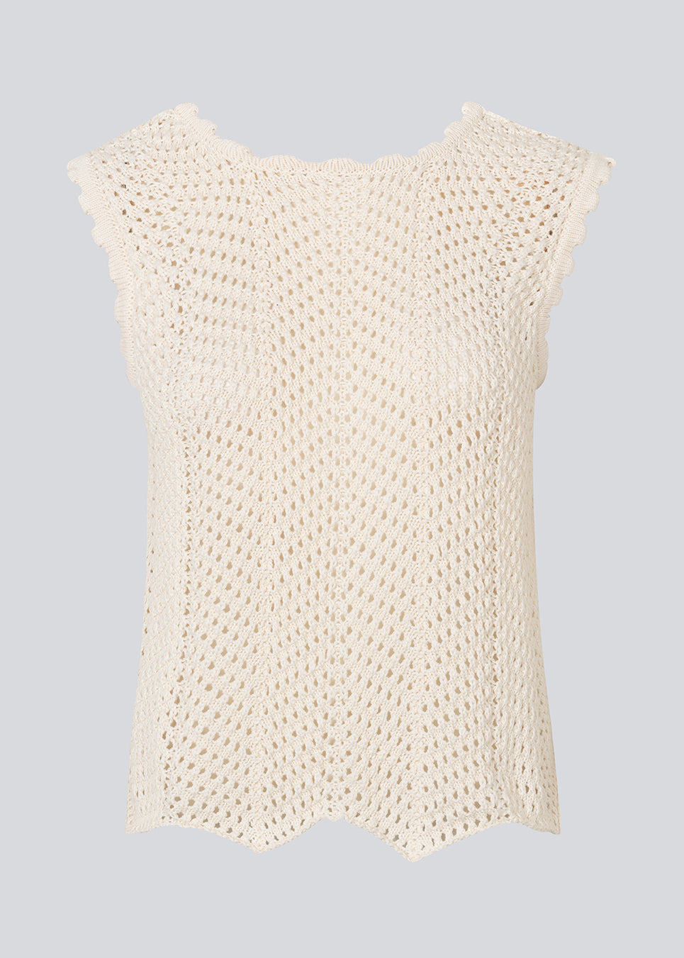 Crochet top without sleeves in a multicolored organic cotton. CaryMD top has detailed trimmings and a deep v-neckline in the back. 