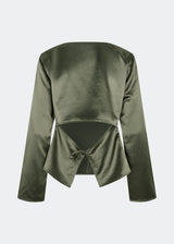 Elegant satin blouse with a feminine and contemporary look. Cianomd top is crafted from a lustrous satin fabric with long sleeves, a boat neckline, and a striking open-back detail finished with delicate tie fastening. A refined wardrobe staple that pairs effortlessly with tailored trousers, denim, or occasion-ready skirts.