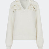 Soft and feminine knitted sweater with delicate crochet detailing. Cillamd V-neck is designed in a relaxed fit with a V-neckline, wide collar, and decorative crochet panels across the shoulders for a romantic touch. The voluminous sleeves and soft knit quality make it a comfortable wardrobe favourite that pairs effortlessly with jeans, tailored trousers, and skirts.