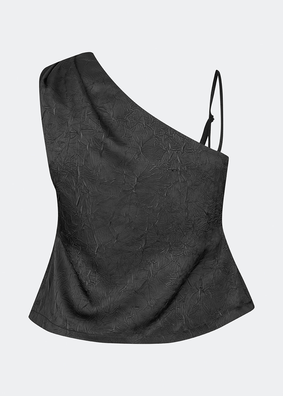 Asymmetric top with a modern and elegant look. Clemensmd top is crafted from a textured fabric with a subtle crinkle finish, adding depth and character. Designed with a one-shoulder silhouette, it features a slim adjustable shoulder strap on one side and a softly fitted shape that flatters the body. A refined statement piece, perfect for special occasions and elevated evening styling.