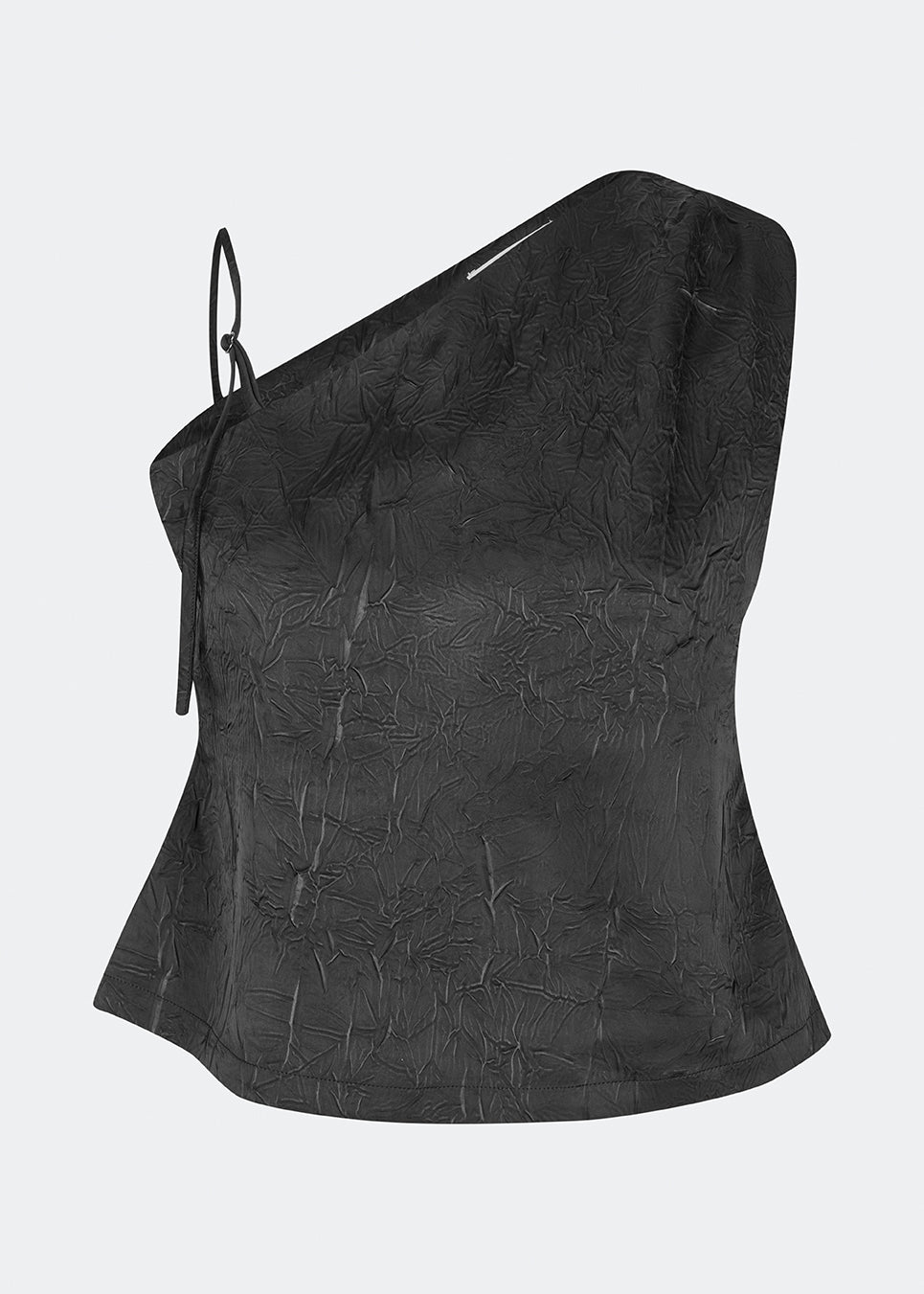 Asymmetric top with a modern and elegant look. Clemensmd top is crafted from a textured fabric with a subtle crinkle finish, adding depth and character. Designed with a one-shoulder silhouette, it features a slim adjustable shoulder strap on one side and a softly fitted shape that flatters the body. A refined statement piece, perfect for special occasions and elevated evening styling.