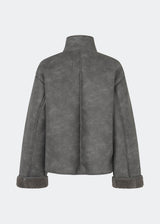 Short faux shearling jacket with a modern, timeless aesthetic. Coralinemd jacket features a relaxed silhouette with a high stand collar, front button closure, and decorative seam detailing that enhances its classic design. Soft teddy trims at the cuffs add warmth and contrast, while the slightly oversized fit makes it perfect for layering throughout the colder months.