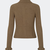 Feminine rib-knit cardigan with elegant details. Corneliamd cardigan is designed in a fitted silhouette with a classic collar, full button-front closure, and delicate ruffle trims at the cuffs. The soft rib-knit enhances the flattering fit, making it a versatile wardrobe staple that can be worn buttoned up as a knit top or layered open over a camisole or dress.