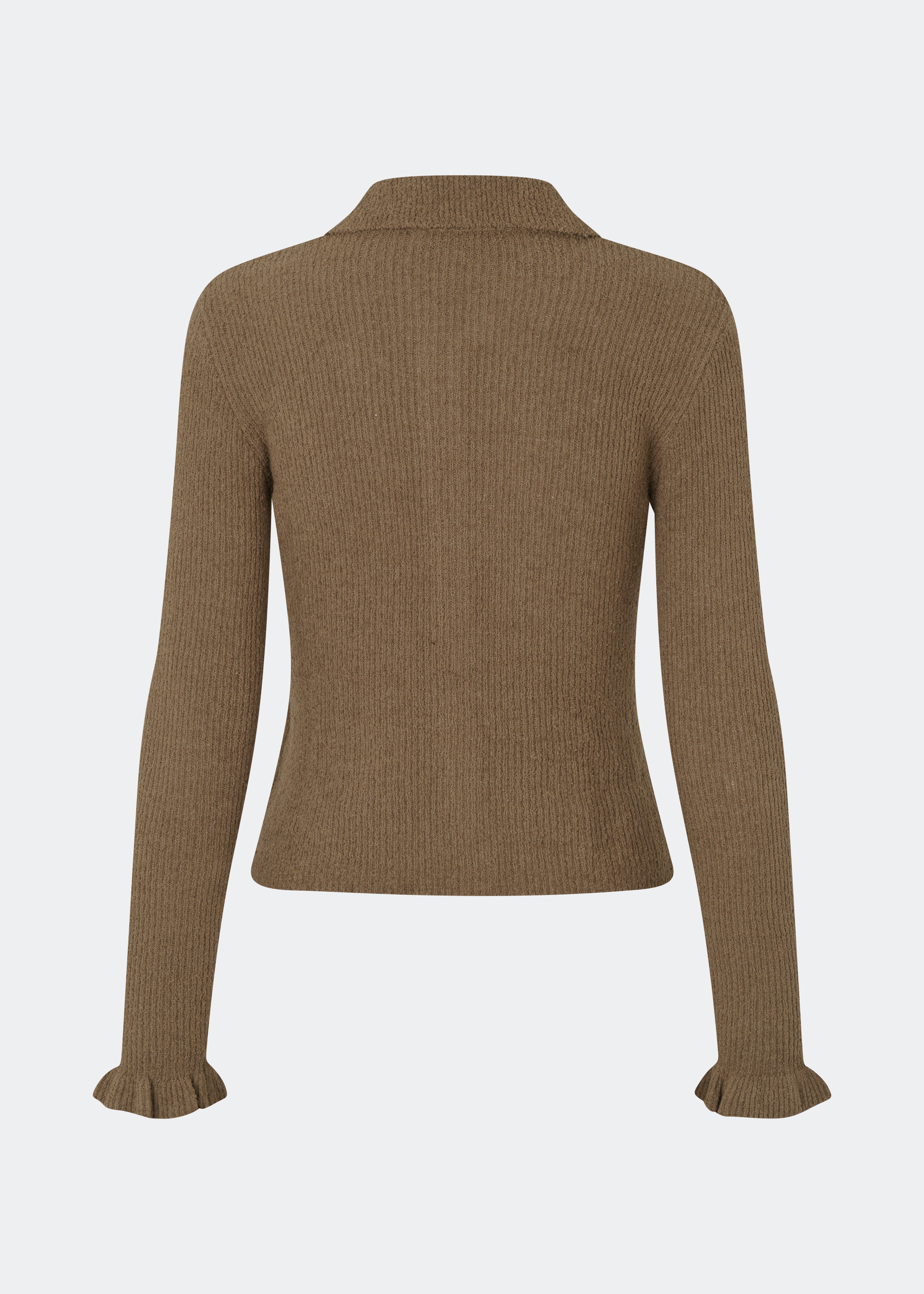 Feminine rib-knit cardigan with elegant details. Corneliamd cardigan is designed in a fitted silhouette with a classic collar, full button-front closure, and delicate ruffle trims at the cuffs. The soft rib-knit enhances the flattering fit, making it a versatile wardrobe staple that can be worn buttoned up as a knit top or layered open over a camisole or dress.