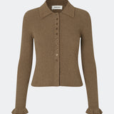 Feminine rib-knit cardigan with elegant details. Corneliamd cardigan is designed in a fitted silhouette with a classic collar, full button-front closure, and delicate ruffle trims at the cuffs. The soft rib-knit enhances the flattering fit, making it a versatile wardrobe staple that can be worn buttoned up as a knit top or layered open over a camisole or dress.