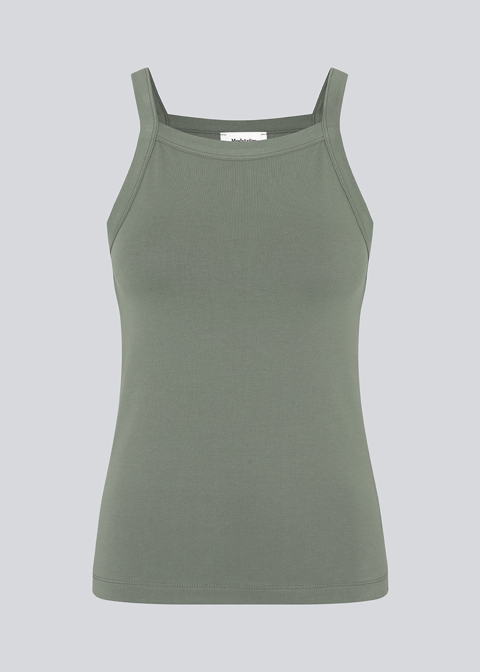 Tight fit basic top in soft green with a high and straight neckline. DaeMD top is made from a ribknitted organic cotton. 