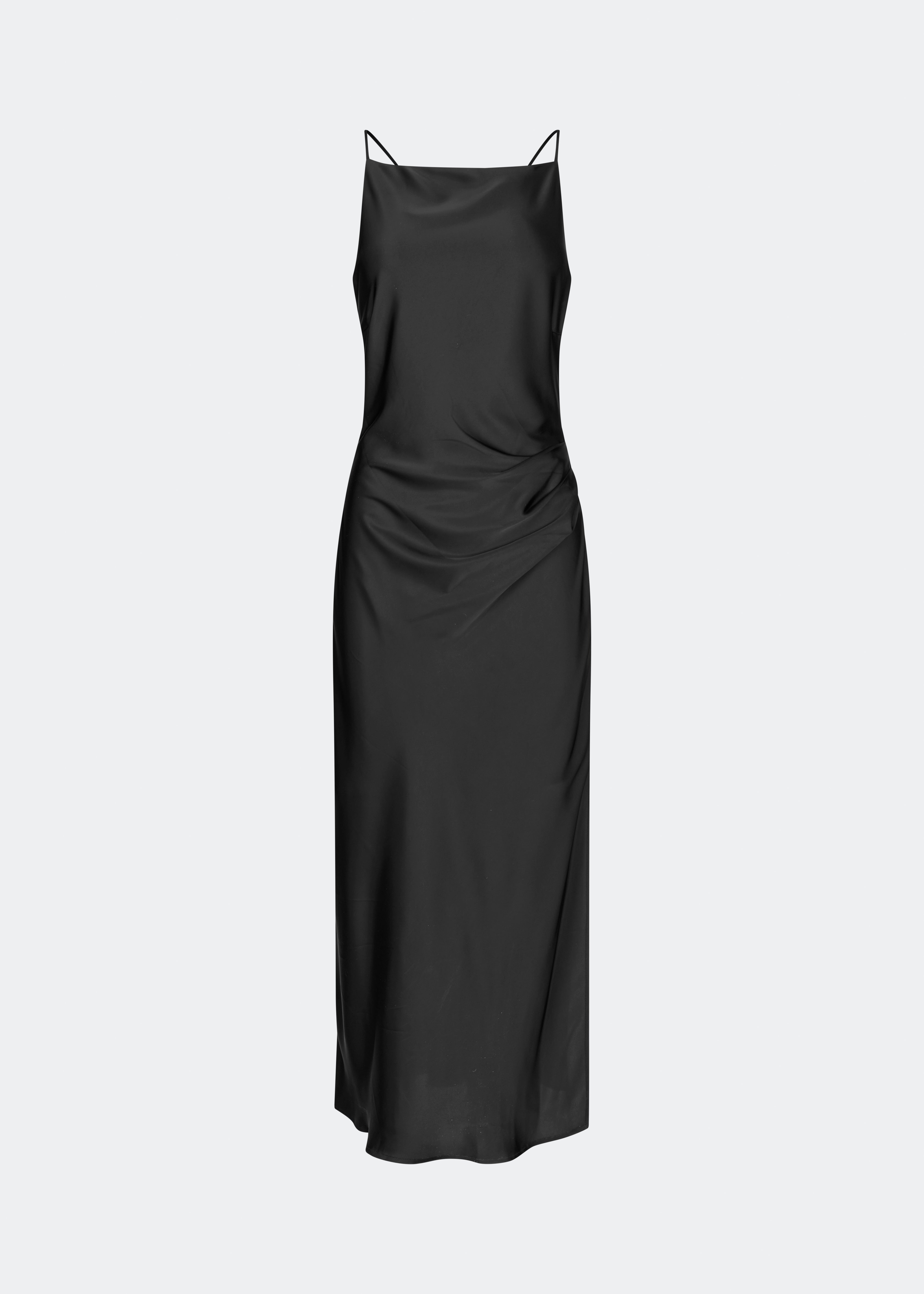 DanillaMD Dress is a long satin dress with an elegant, figure-hugging silhouette. The design features a straight neckline, thin straps and draped detailing at the side, creating a soft fall. The open back with delicate crossing straps adds a feminine touch. Style it with heels and simple accessories for special occasions. The model is 175 cm tall and is wearing a size S/36.