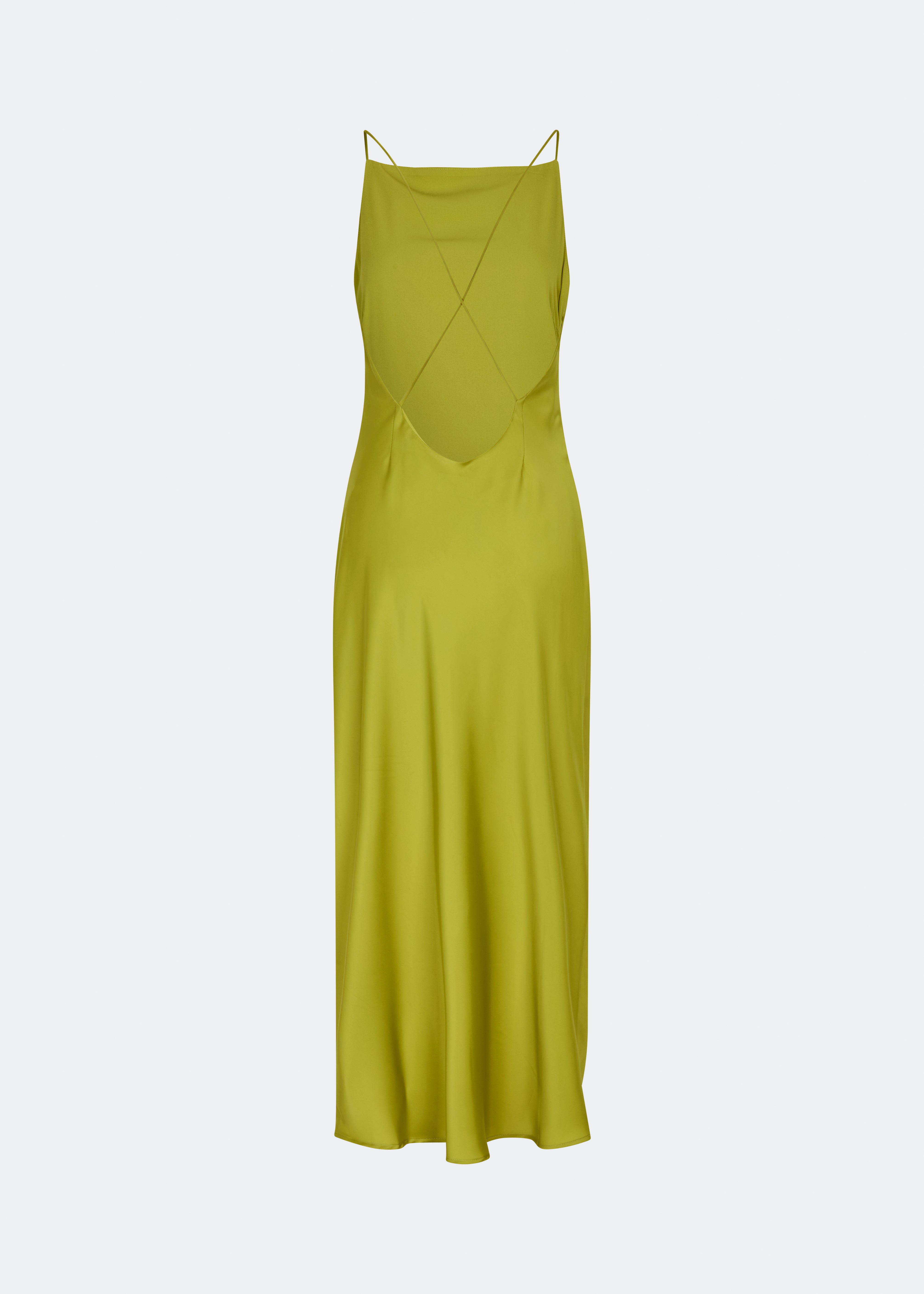 DanillaMD Dress is a long satin dress with an elegant, figure-hugging silhouette. The design features a straight neckline, thin straps and draped detailing at the side, creating a soft fall. The open back with delicate crossing straps adds a feminine touch. Style it with heels and simple accessories for special occasions. The model is 175 cm tall and is wearing a size S/36.