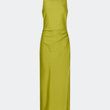 DanillaMD Dress is a long satin dress with an elegant, figure-hugging silhouette. The design features a straight neckline, thin straps and draped detailing at the side, creating a soft fall. The open back with delicate crossing straps adds a feminine touch. Style it with heels and simple accessories for special occasions. The model is 175 cm tall and is wearing a size S/36.