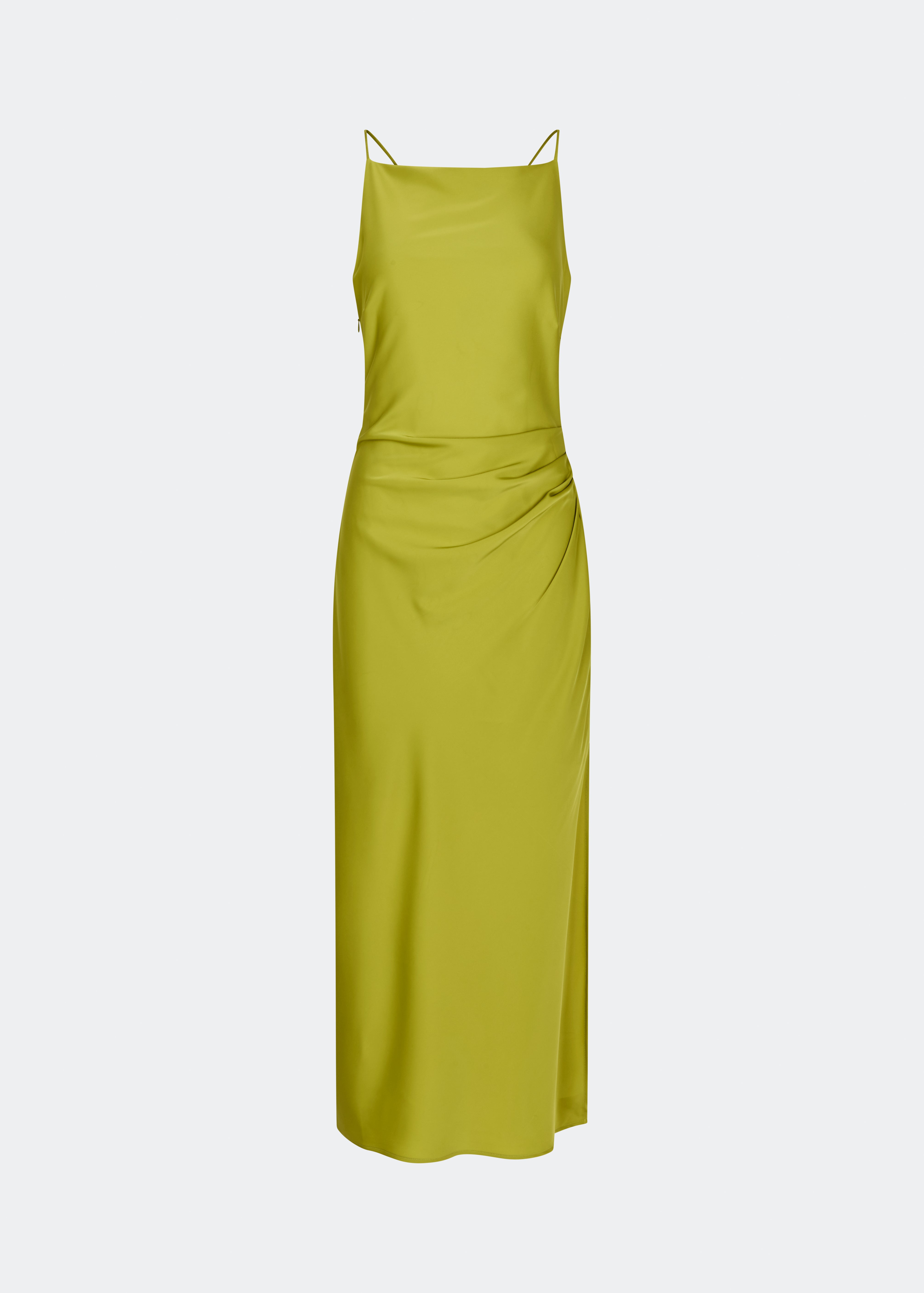 DanillaMD Dress is a long satin dress with an elegant, figure-hugging silhouette. The design features a straight neckline, thin straps and draped detailing at the side, creating a soft fall. The open back with delicate crossing straps adds a feminine touch. Style it with heels and simple accessories for special occasions. The model is 175 cm tall and is wearing a size S/36.