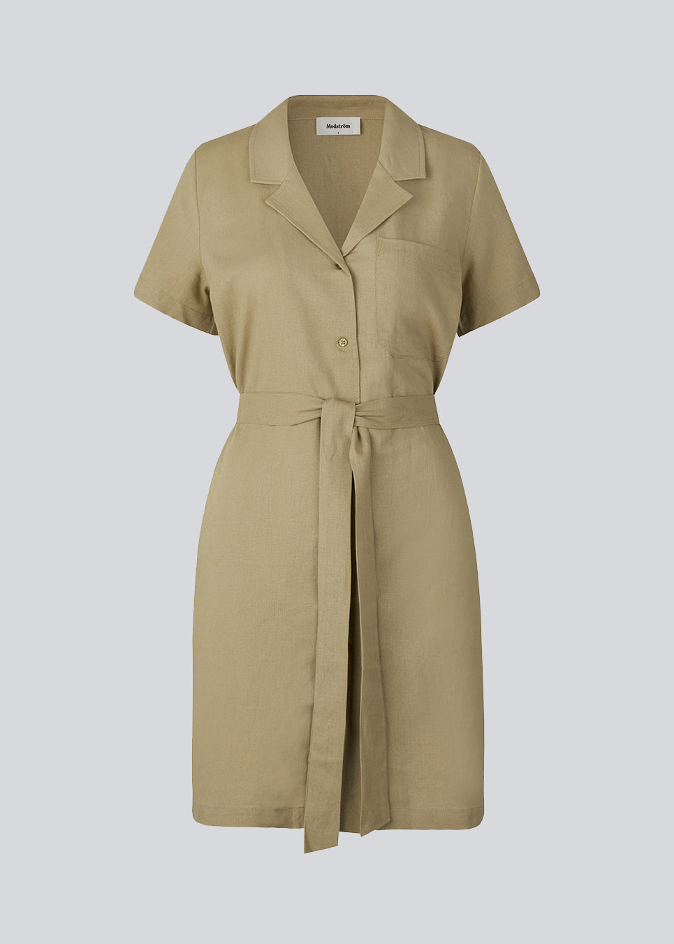 Relaxed shirt dress in beige cut from a linen blend. DarrelMD dress has a resort collar, short sleeves, buttons in front, and a wide tiebelt at the waist. The model is 177 cm and wears a size S/36.