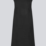 Short black linen dress with an A-line silhouette. DaynaMD dress is sleeveless, and features a deep v-neckline with cut-out details and ties. The model is 177 cm and wears a size S/36.