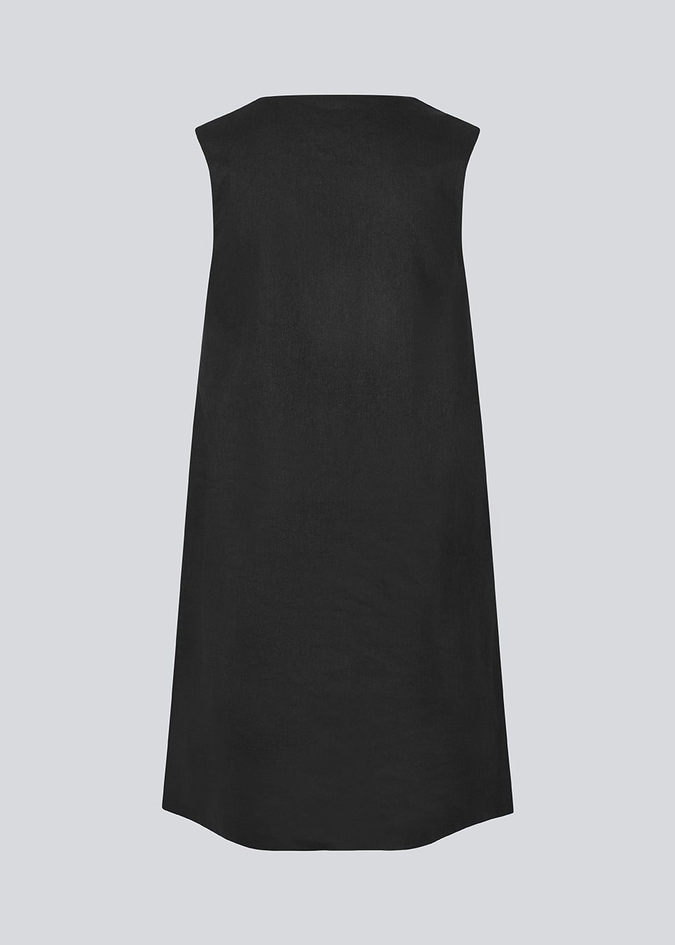 Short black linen dress with an A-line silhouette. DaynaMD dress is sleeveless, and features a deep v-neckline with cut-out details and ties. The model is 177 cm and wears a size S/36.