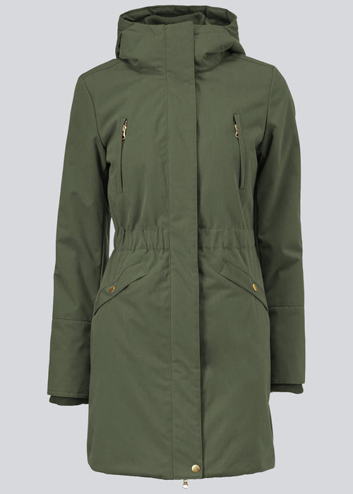 Denise coat in dark green is with hood, fitted at the waist and has hidden zipper closure at front. The jacket has 4 pockets and is lined with Thermolite polyester padding, which is recognized for its high insulation and therefore is the perfect choice for the cold winters.