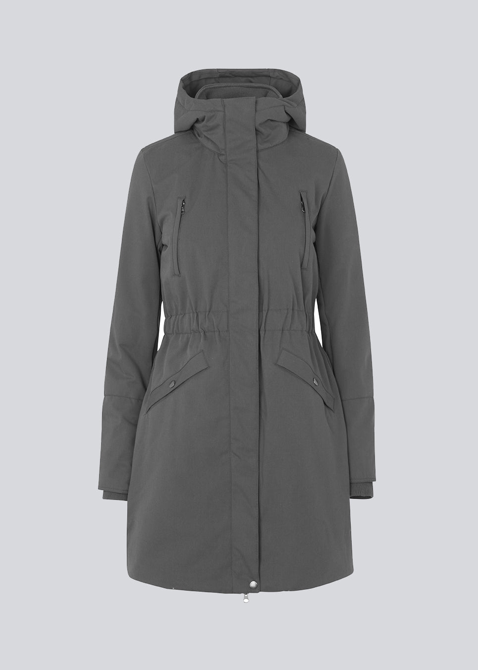 Denise coat in grey has a hood, fitted at the waist and has hidden zipper closure at front. The jacket has 4 pockets and is lined with Thermolite polyester padding, which is recognized for its high insulation and therefore is the perfect choice for the cold winters.