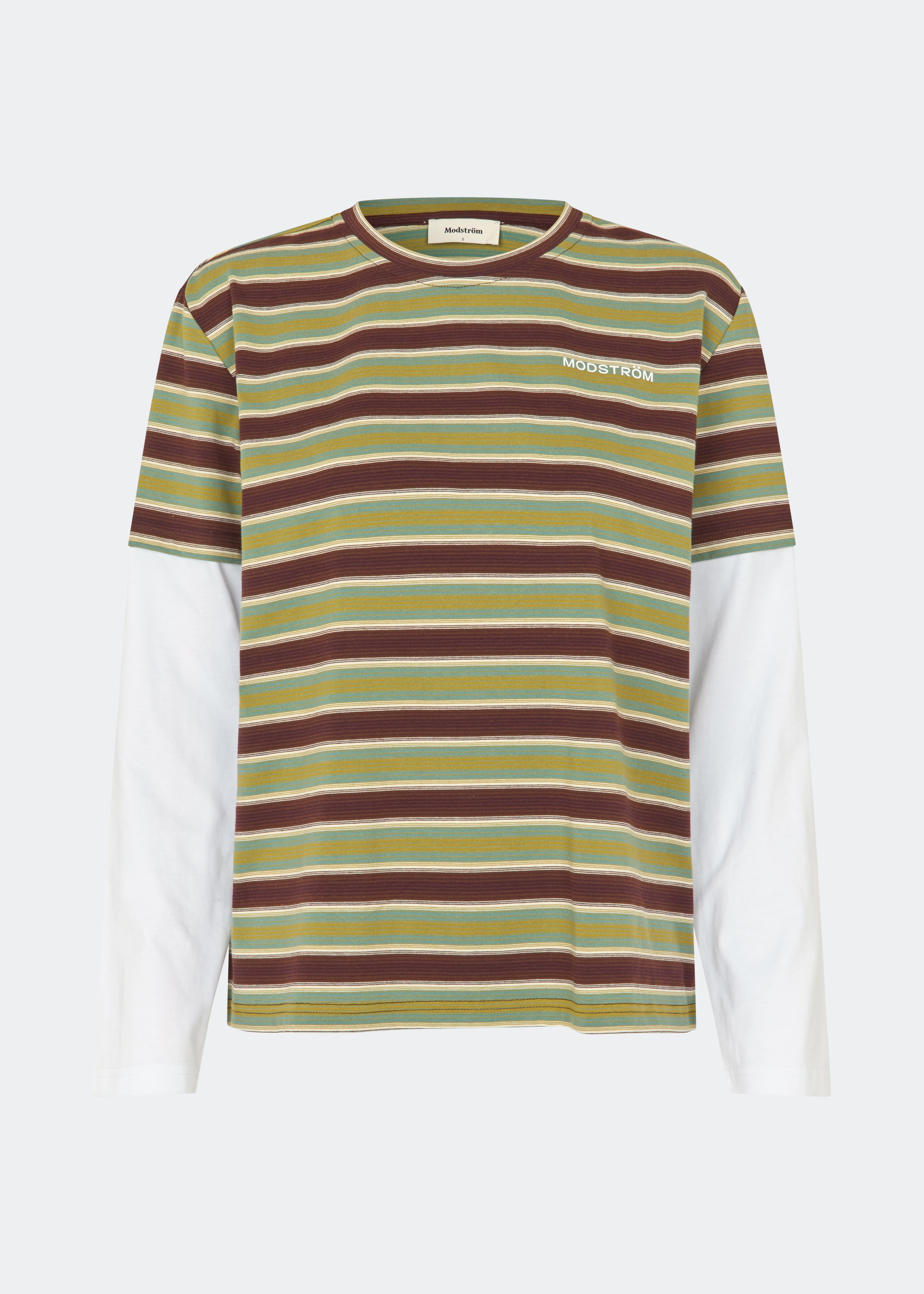 The Denismd Contrast Tee is a layered-look T-shirt combining a striped rib fabric with contrasting long sleeves for a relaxed, modern aesthetic. Designed with a loose fit, classic crew neckline, and an embroidered Modström logo at the chest for a sporty finish. Pair it with jeans, cargo trousers, or tailored pants for an effortless everyday look.