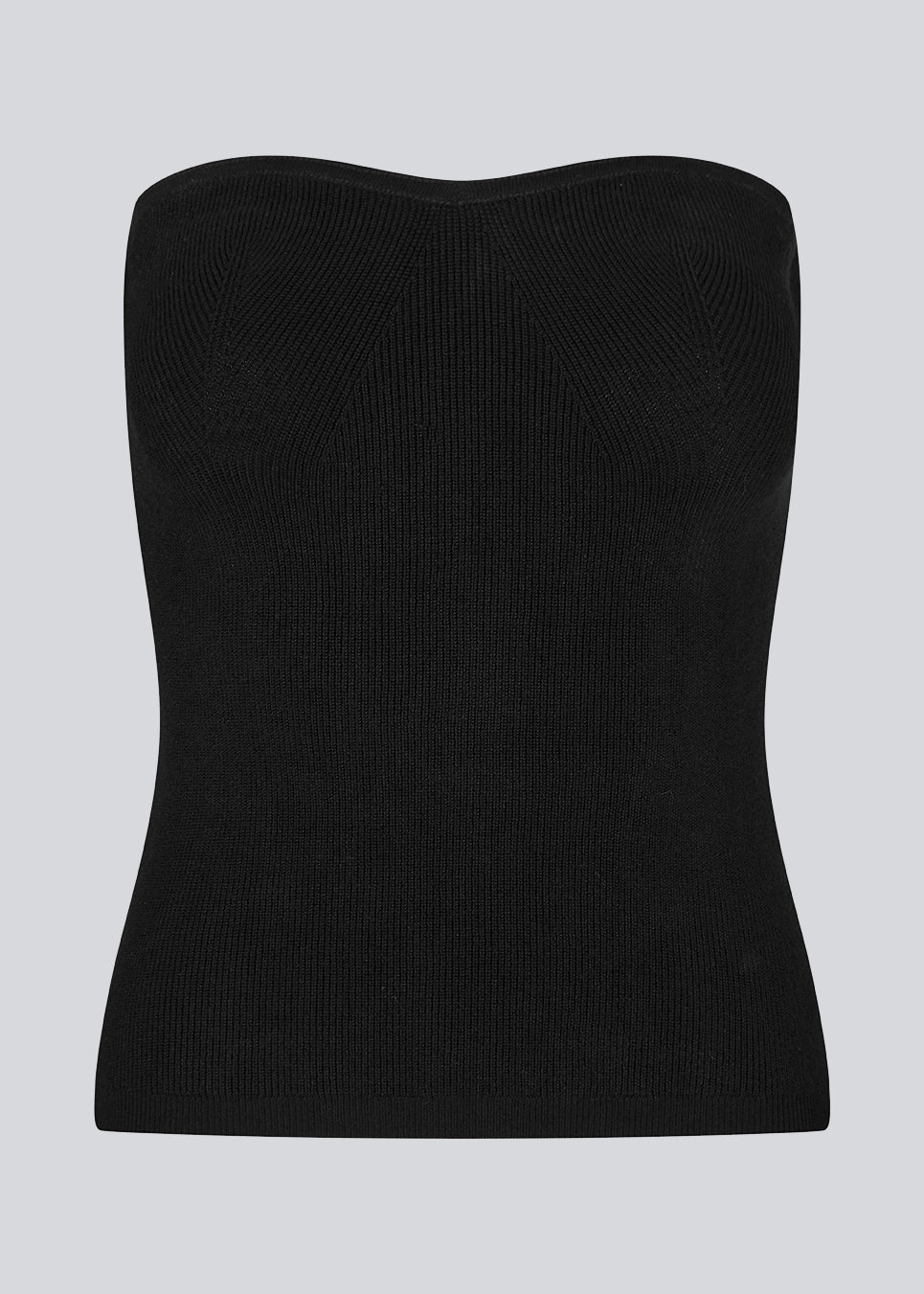 Black tube top with fitted shape and sweetheart neckline. DiegoMD top is made from a soft, ribbed knit with a silicone band on the inside of the neckline. The model is 177 cm and wears a size S/36.