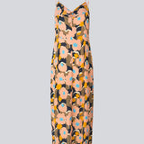 Midi dress in a relaxed fit and floral print. DustinMD print strap dress has a v-neck with ruched details in the center, narrow straps, and zipper in the back. Slit in front. The model is 177 cm and wears a size S/36.  Material: