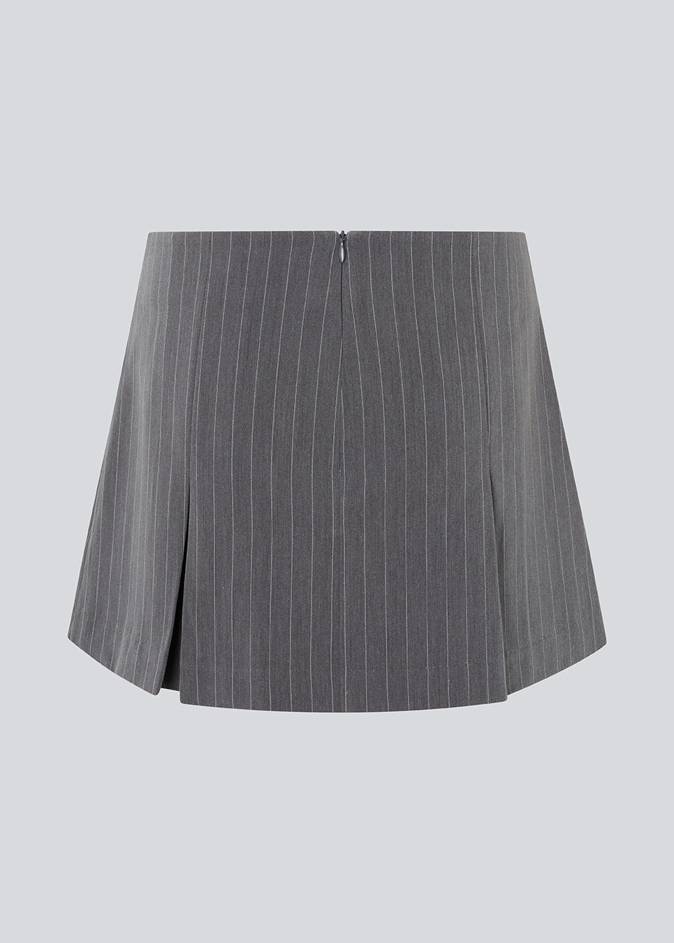 Short skirt in grey pinstripe with bows and box pleats. EmiliaMD bow skirt has an invisible zipper at the back and a cute bow detail in front.<br>