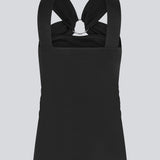 Fitted black top in an elastic material. EmiliaMD top has a detailed metal ring at the chest and wide straps.
