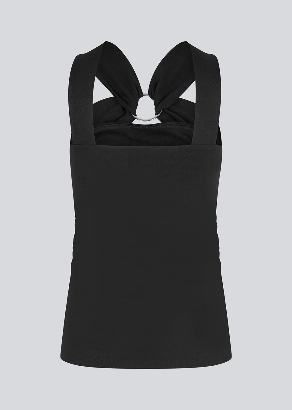 Fitted black top in an elastic material. EmiliaMD top has a detailed metal ring at the chest and wide straps.