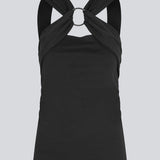 Fitted black top in an elastic material. EmiliaMD top has a detailed metal ring at the chest and wide straps.