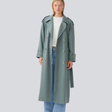 Oversized double-breasted trenchcoat with tie belt at the waist. EvieMD jacket has dropped shoulders and long, wide sleeves. Lined. 