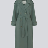 Oversized double-breasted trenchcoat with tie belt at the waist. EvieMD jacket has dropped shoulders and long, wide sleeves. Lined. 