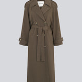 Oversized double-breasted trench coat in dark brown with tie belt at the waist. EvieMD jacket has dropped shoulders and long, wide sleeves. Lined. 