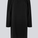 Off shoulder dress in EcoVero viscose cut to end at the knees. FanyaMD dress has a loose silhouette with long, wide sleeves. The model is 175 cm and wears a size S/36.