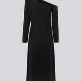 Midi dress designed in an EcoVero viscose quality. FanyaMD long dress has a normal fit with asymmetrical long sleeves with a bare shoulder, cutline at the waist and a slit in front. The model is 175 cm and wears a size S/36.