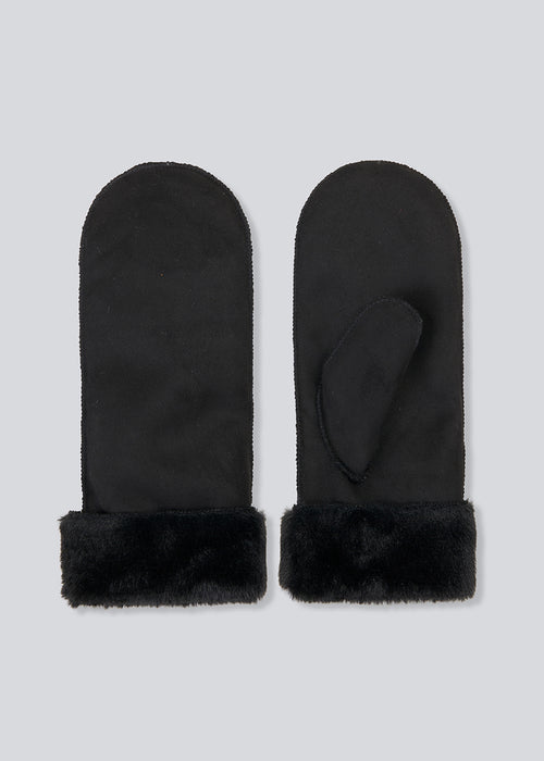 Black gloves in a soft faux suede material with faux fur details. 