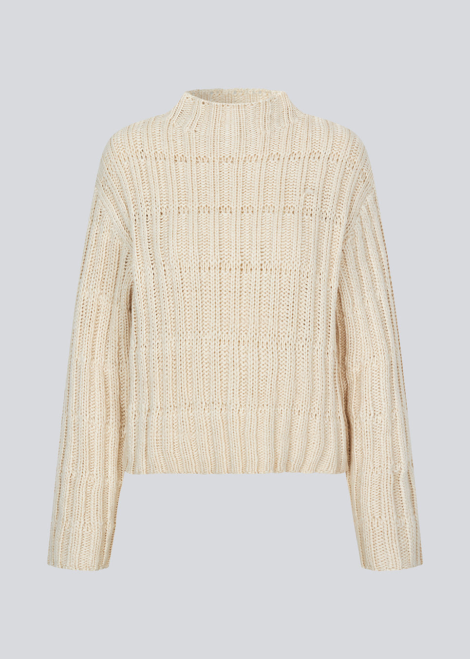 Off white knit with dropped shoulders and long wide sleeves. FelipeMD t-neck has a high neck with ribbed trimmings on the neckline and hem of sleeves.&nbsp;