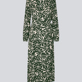 Midi dress in printed EcoVero viscose with v-neckline and wrap detail in front. FernMD print wrap dress has a wide tie belt at the waist and long balloon sleeves. The model is 175 cm and wears a size S/36.
