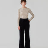 Corduroy pants in navy sky with long, wide legs and a high waist with zip fly and button, and elastic on the back. FikaMD pants are lined. The model is 175 cm and wears a size S/36. side pockets. The model is 175 cm and wears a size S/36.