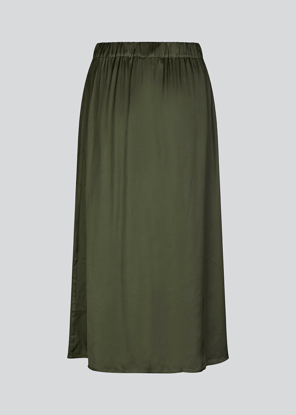 Satin skirt in dark green with volume in the skirt and a slit in front. FloreMD skirt is medium length and high-waisted with covered elastication. 