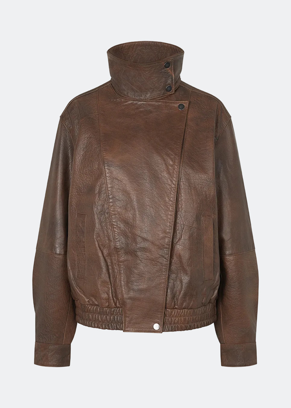 Forestmd jacket is designed in a relaxed silhouette with a high stand collar, concealed asymmetrical closure, and elasticated hem for a cool bomber-inspired look. The textured leather-look finish adds character, while the oversized fit makes it a versatile outerwear piece that effortlessly elevates both casual and dressed-up outfits.
