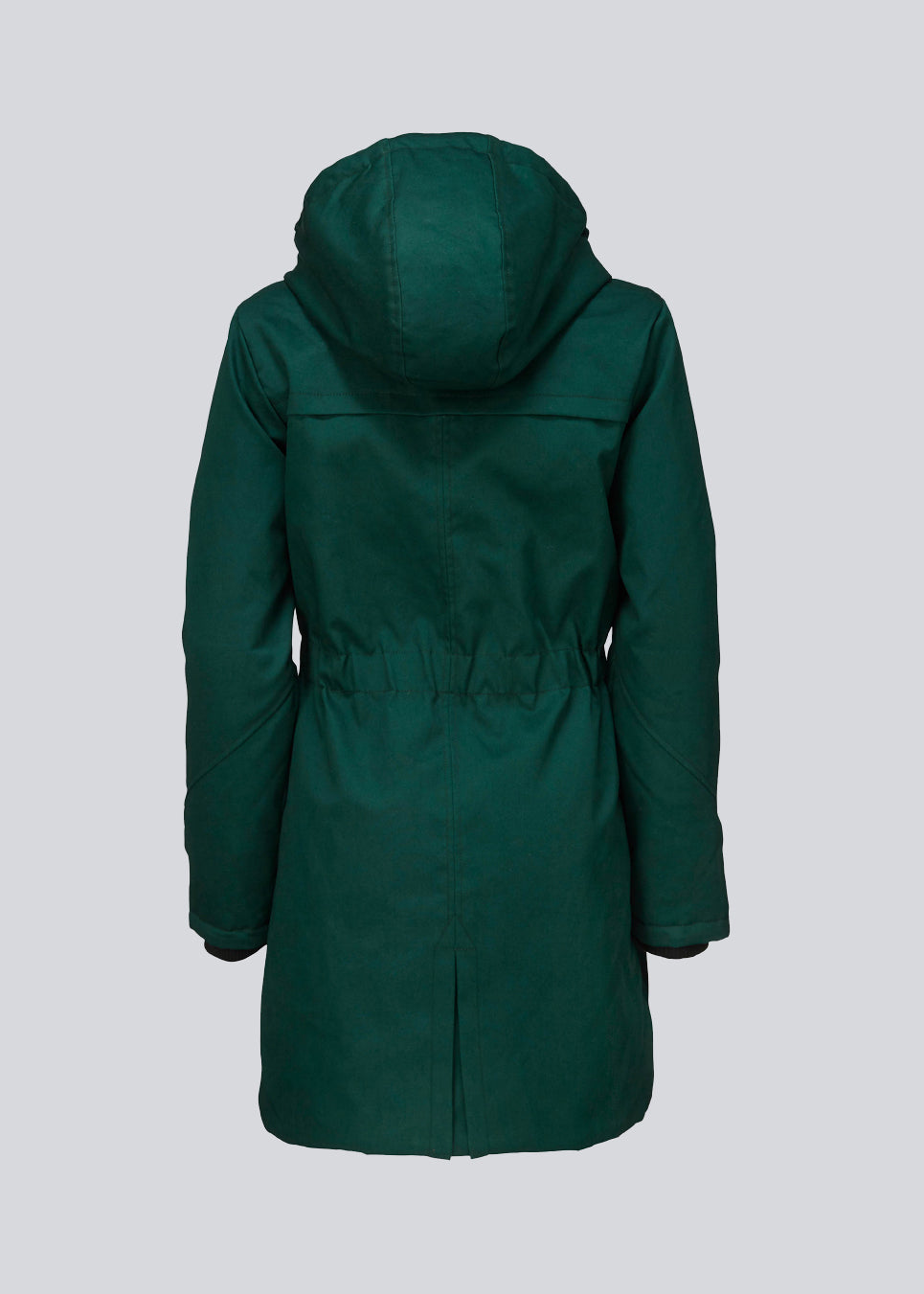 Green jacket. Frida has a hoodie, is knee-length and has an invisible button/zipper closure. The jacket has a tight fit, which gives a feminine look. The padding is M3 Thinsulate, which is recognized for its high insulation ability and is, therefore, the perfect choice.