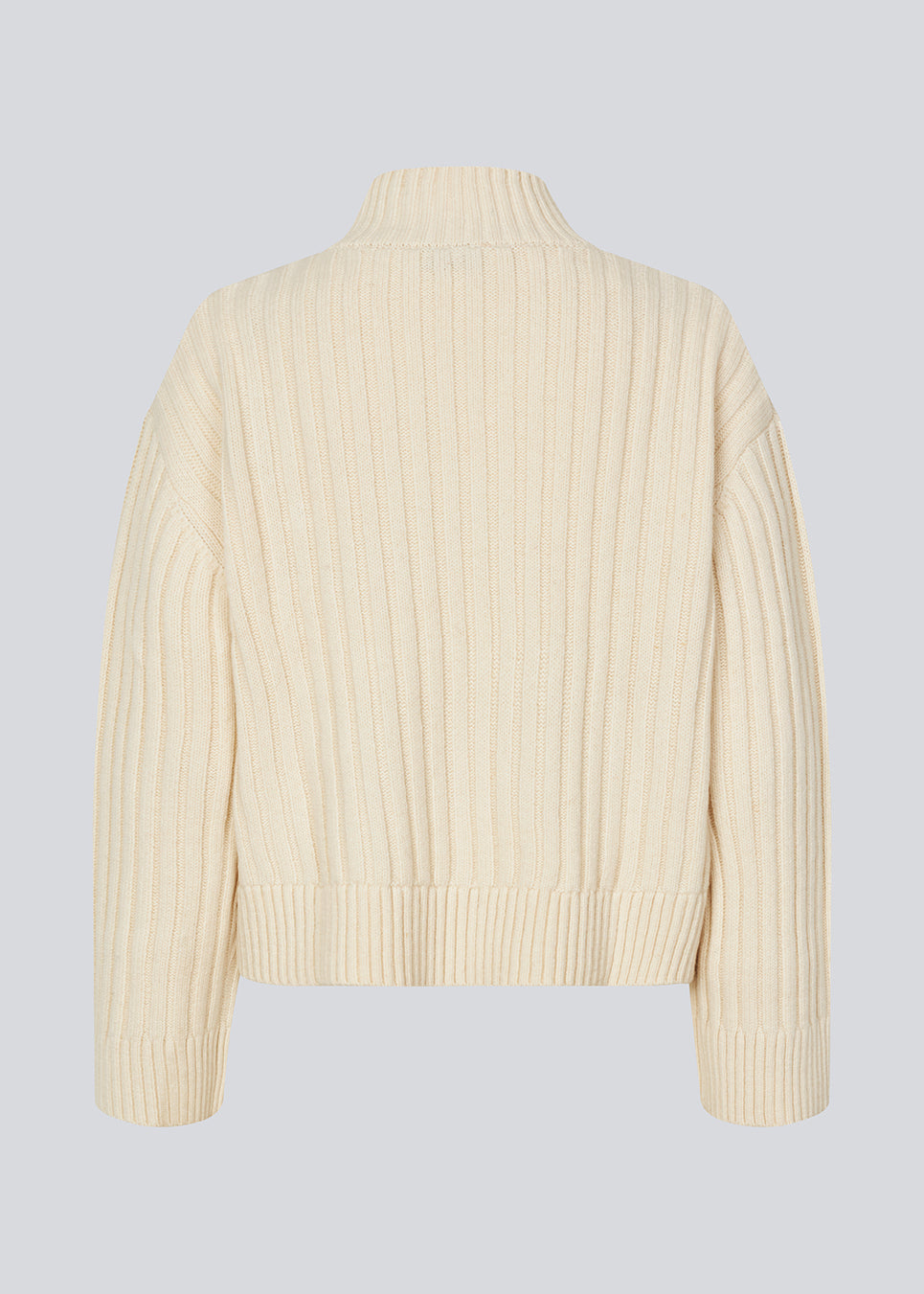 Off white rib knitted jumper with a high neck and a relaxed fit. FultonMD rib t-neck has dropped shoulders and long wide sleeves.
