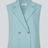 Loose blue vest with a collar in our classic gale material. Galemd vest is sleeveless and has a front button closure. 