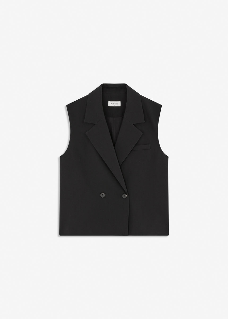 Straight-cut black sleeveless vest. It has a defined lapel collar and double-breasted button closure. Wear it with the matching Gale pants for a structured set. The model is 175 cm and wears a size S/36.