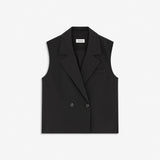 Straight-cut black sleeveless vest. It has a defined lapel collar and double-breasted button closure. Wear it with the matching Gale pants for a structured set. The model is 175 cm and wears a size S/36.