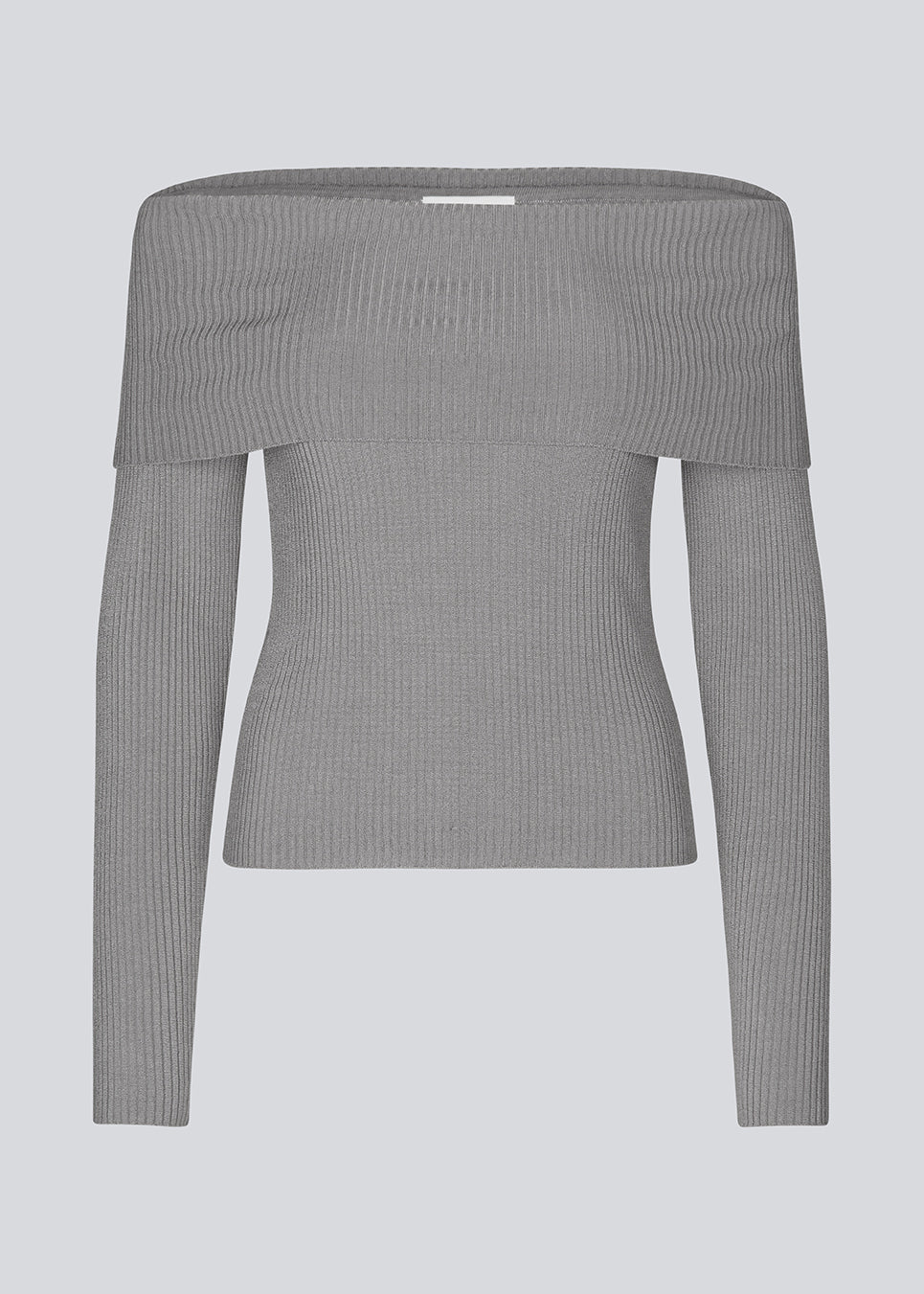 Ribknitted top in grey in a stretchy quality. GaryMD top has a tight fit with long sleeves and an off shoulder neckline with folded detail. The model is 175 cm and wears a size S/36.