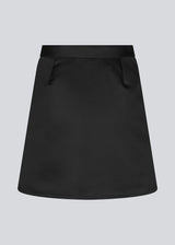 Wrap skirt in mini length. GavinMD skirt is made in a heavy satin with a wrap effect in front, closed with a wide belt and D-ring. The model is 175 cm and wears a size S/36.